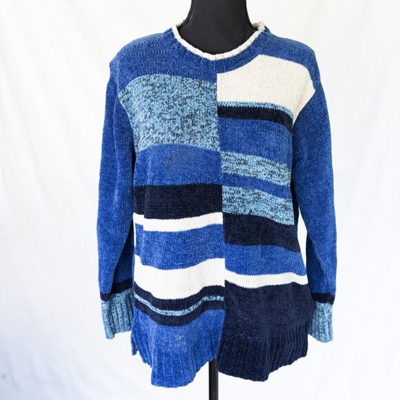Vintage 90s Patchwork Knit Sweater Blue Striped | Retro - Picture 2 of 8